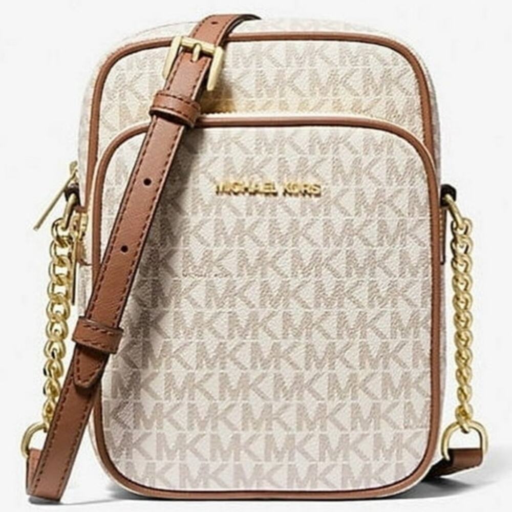 BRAND NEW ~ Michael Kors Women's Beige Flight Logo Leather Crossbody Bag Purse